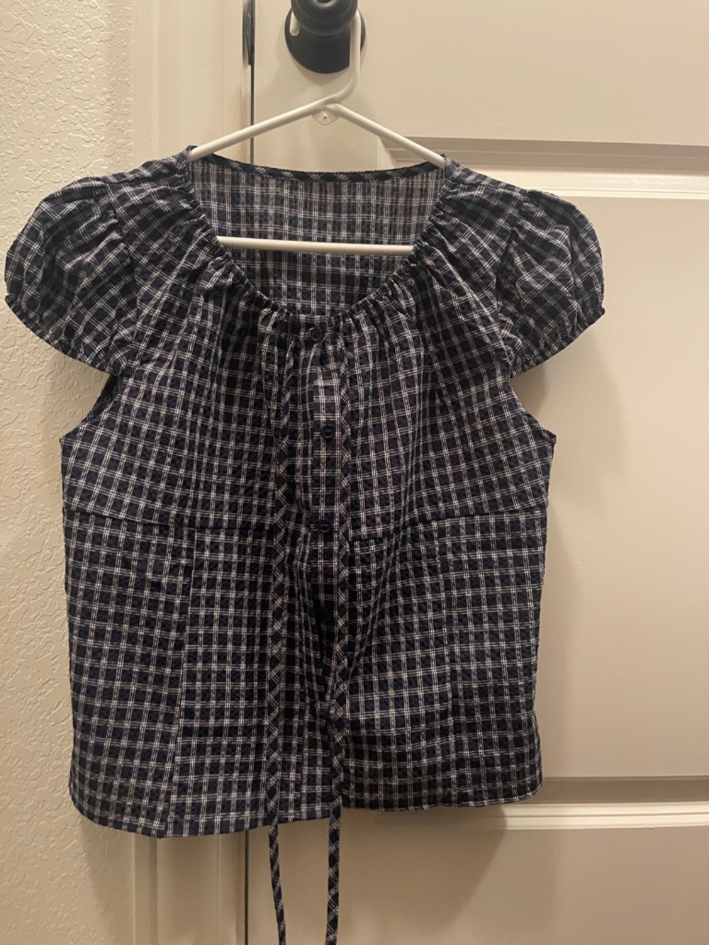 Blue and White Checked Puff Sleeve Blouse